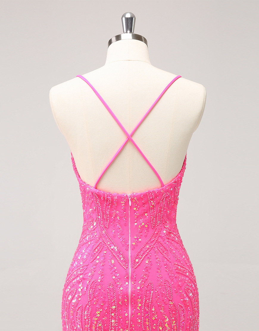 Glitter Hot Pink V Neck Sequined Tight Homecoming Dress with Tassels