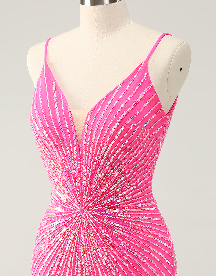 Glitter Fuchsia Sequined Tight V-Neck Homecoming Dress 