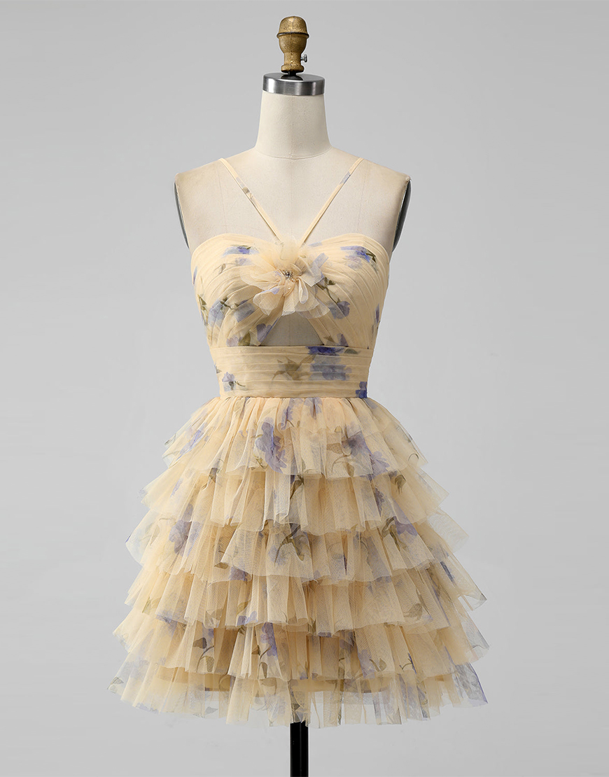 Yellow A-Line Tiered Floral Prints Tulle Halter Homecoming Dress 