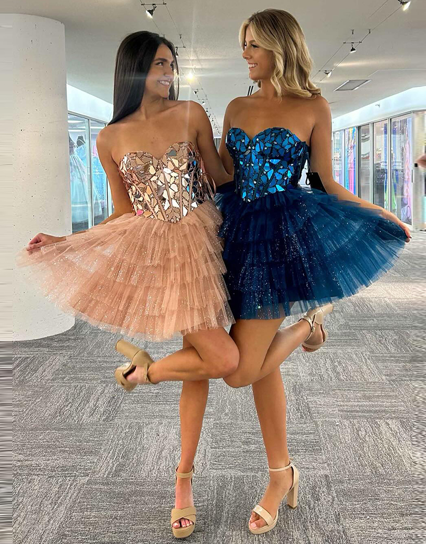 Sparkly Champagne A-Line Strapless Tiered Mirror Homecoming Dress