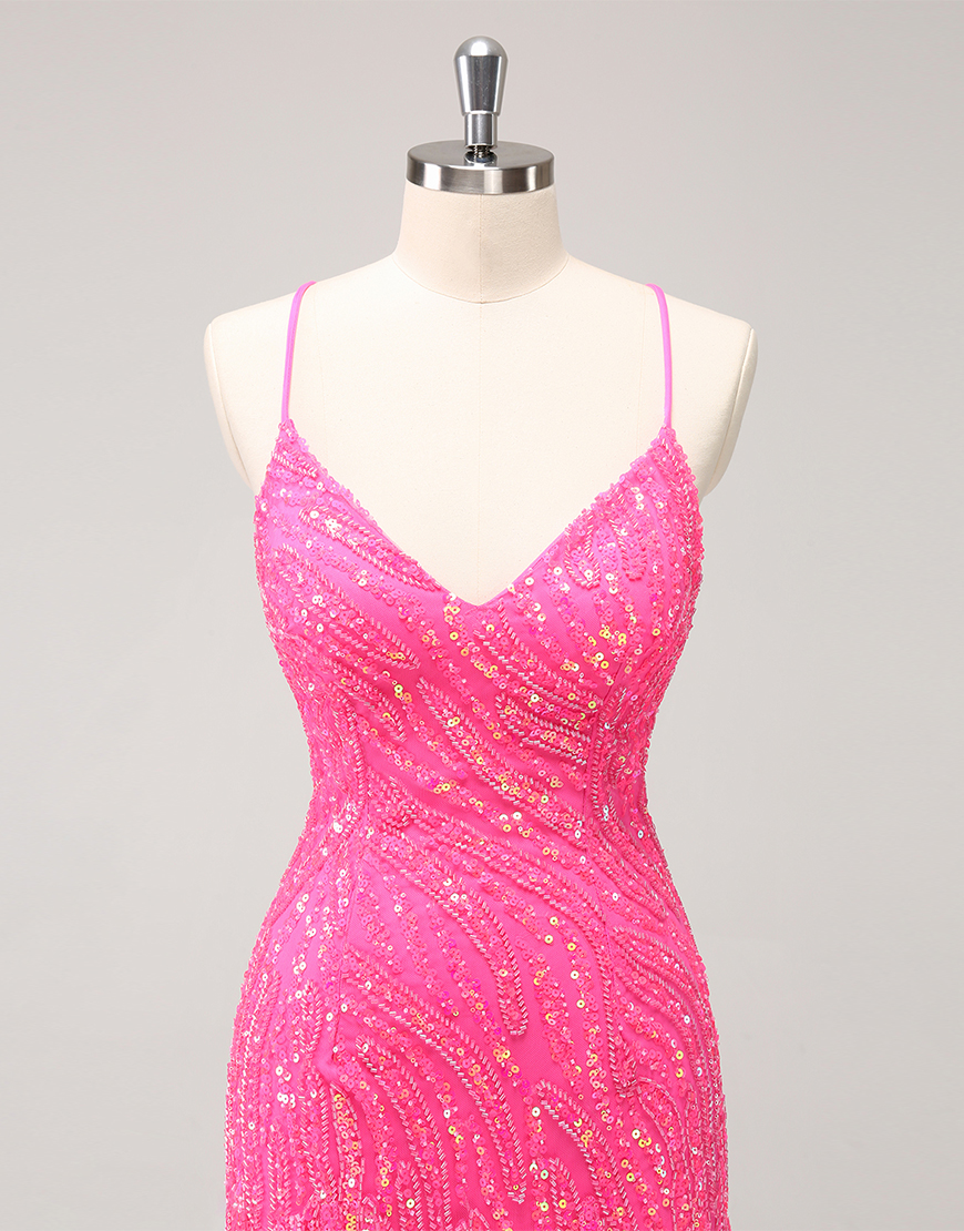 Glitter Hot Pink V Neck Sequined Tight Homecoming Dress with Tassels