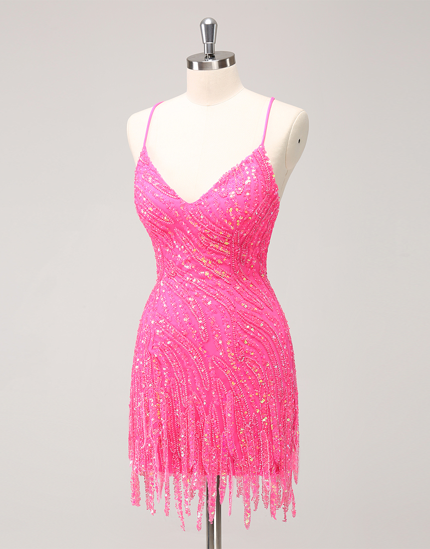Glitter Hot Pink V Neck Sequined Tight Homecoming Dress with Tassels