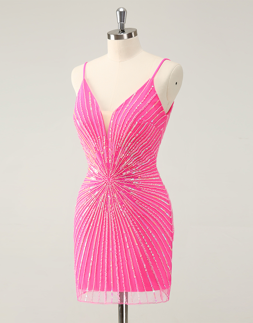 Glitter Fuchsia Sequined Tight V-Neck Homecoming Dress 