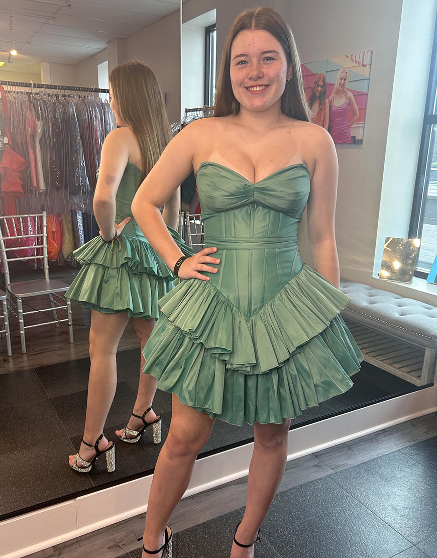 Green Strapless Corset A-Line Tiered Satin Homecoming Dress