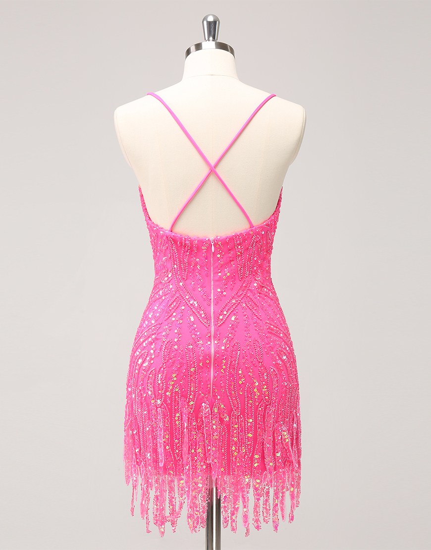 Glitter Hot Pink V Neck Sequined Tight Homecoming Dress with Tassels