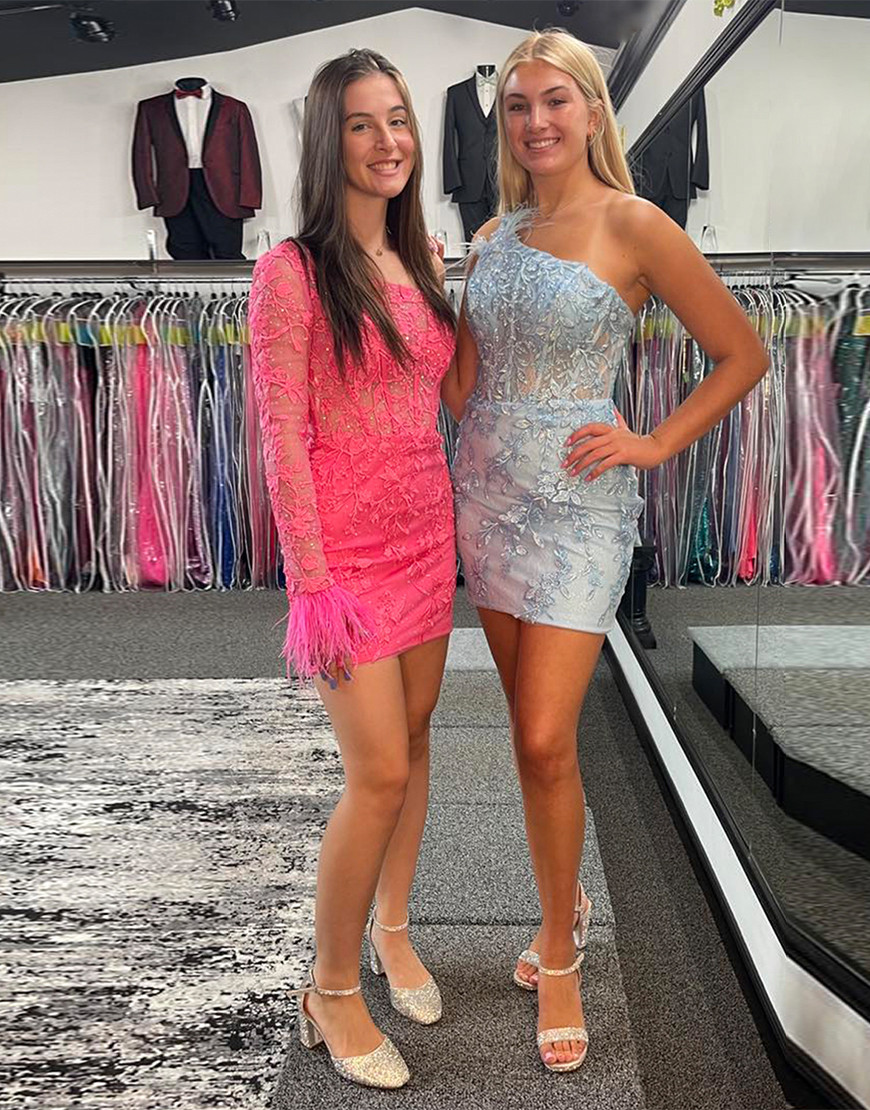 Glitter Blue Feathered One Shoulder Tight Homecoming Dress with Appliques