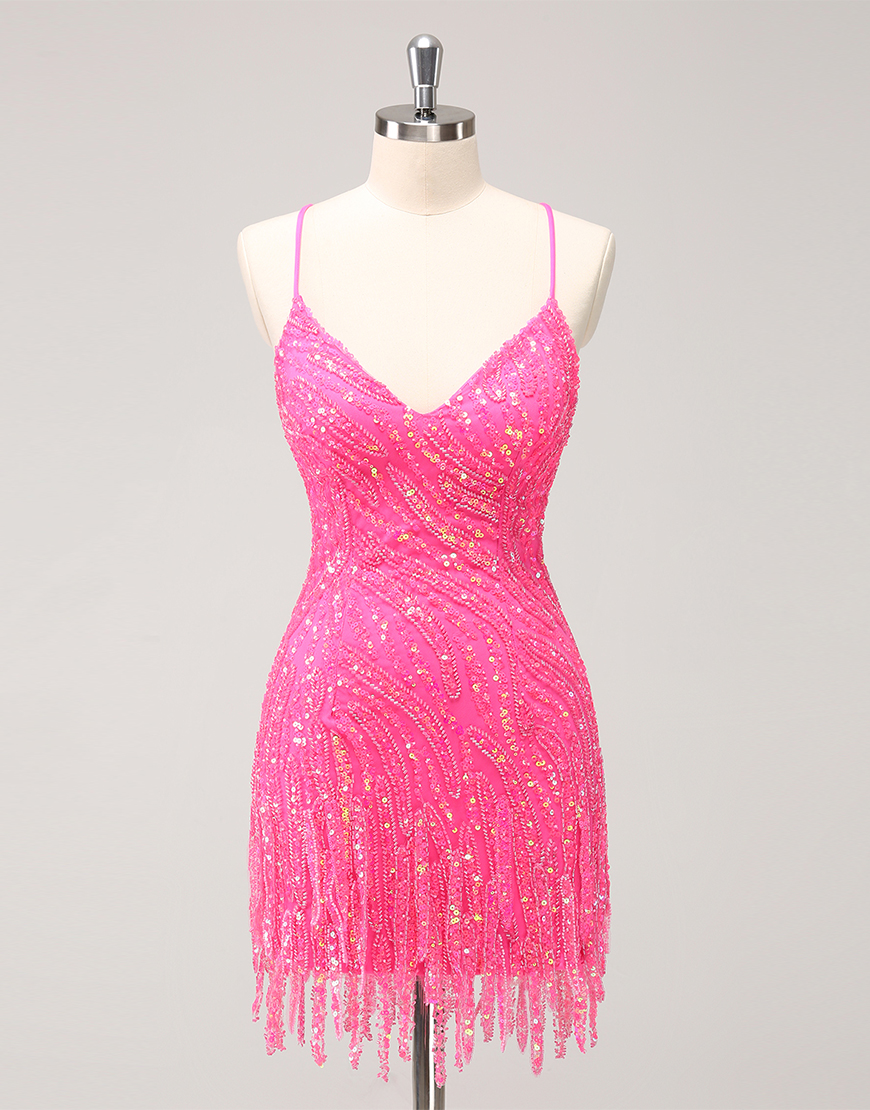Glitter Hot Pink V Neck Sequined Tight Homecoming Dress with Tassels