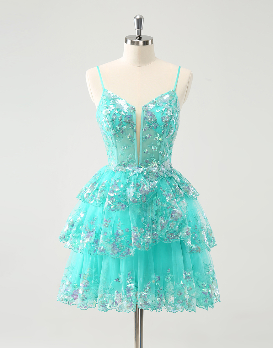 Glitter Green A-Line Tiered Sequined Spaghetti Straps Homecoming Dress 