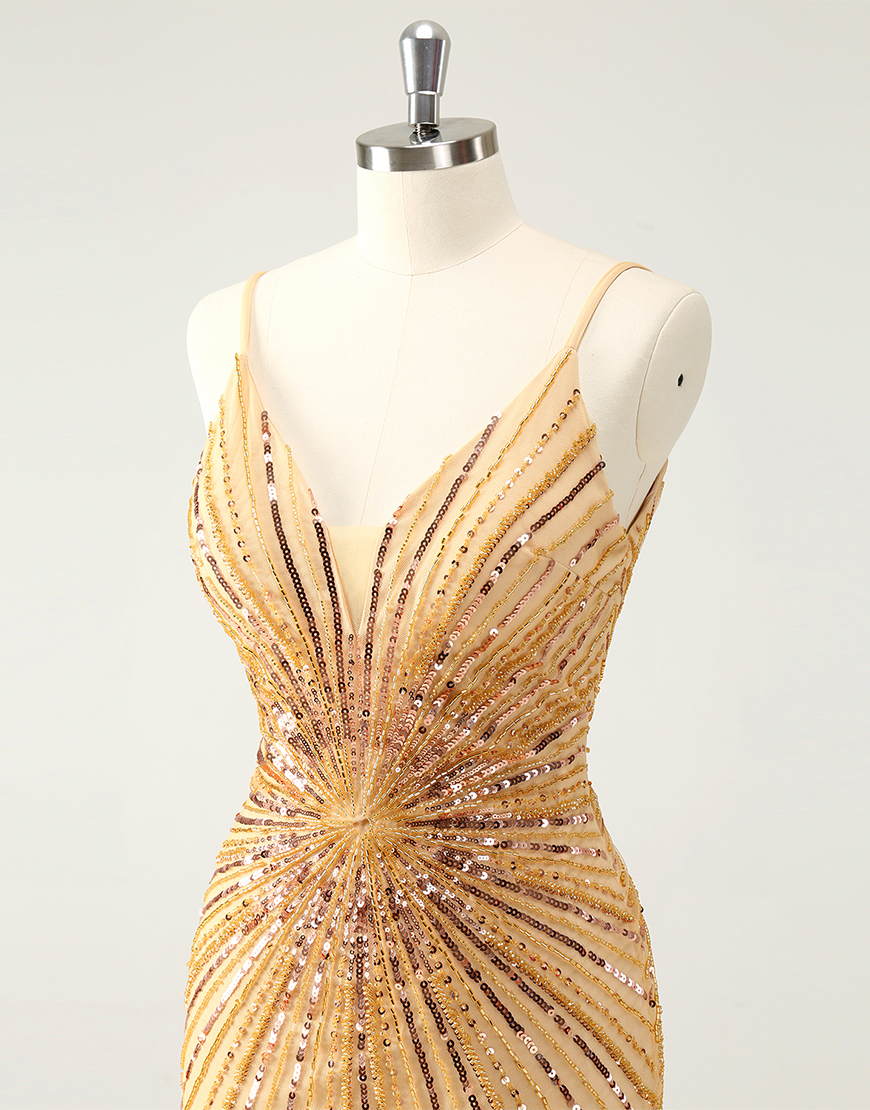 Glitter Golden Sequined Tight V-Neck Homecoming Dress 