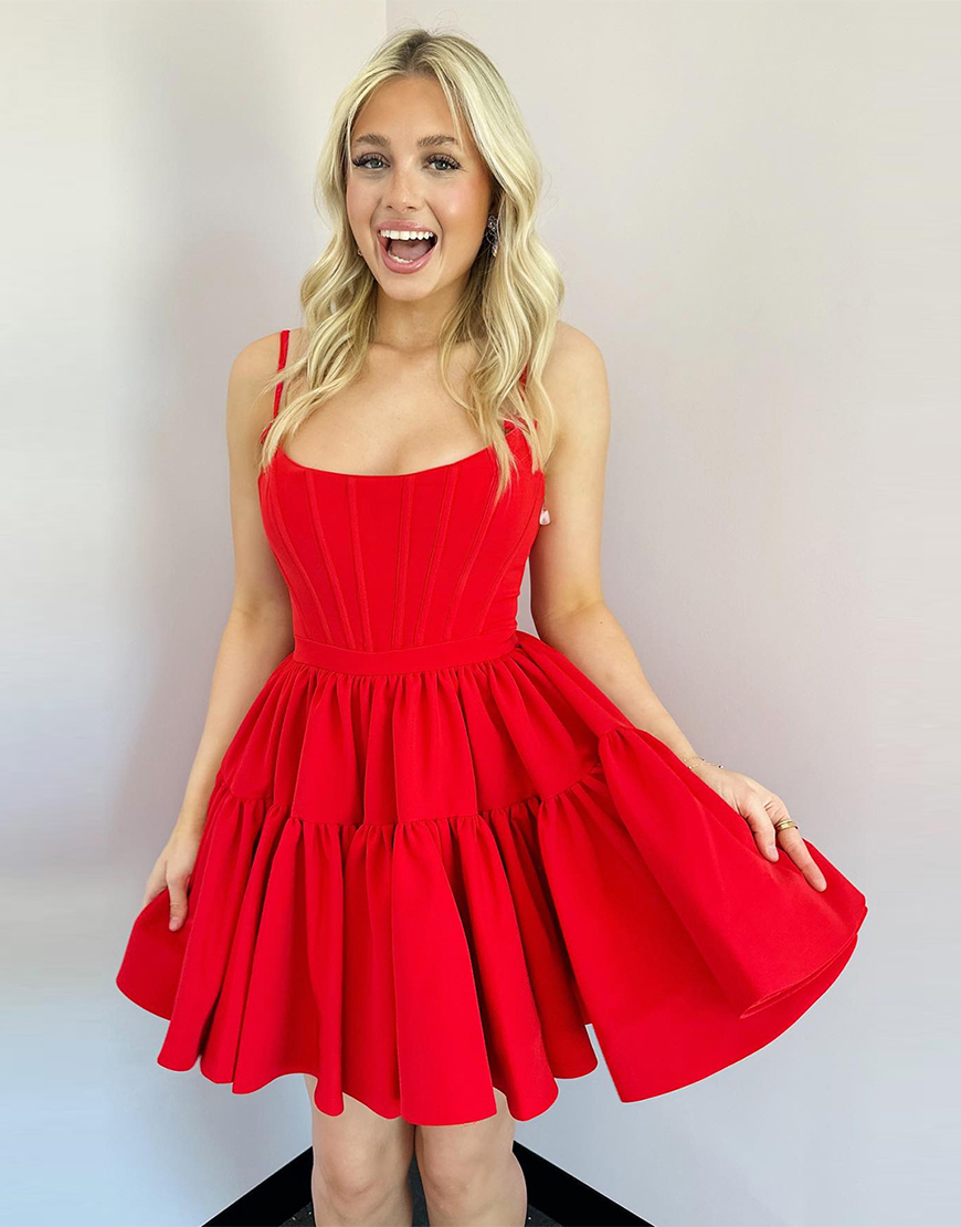 Red A-Line Ruffled Spaghetti Straps Corset Satin Homecoming Dress 