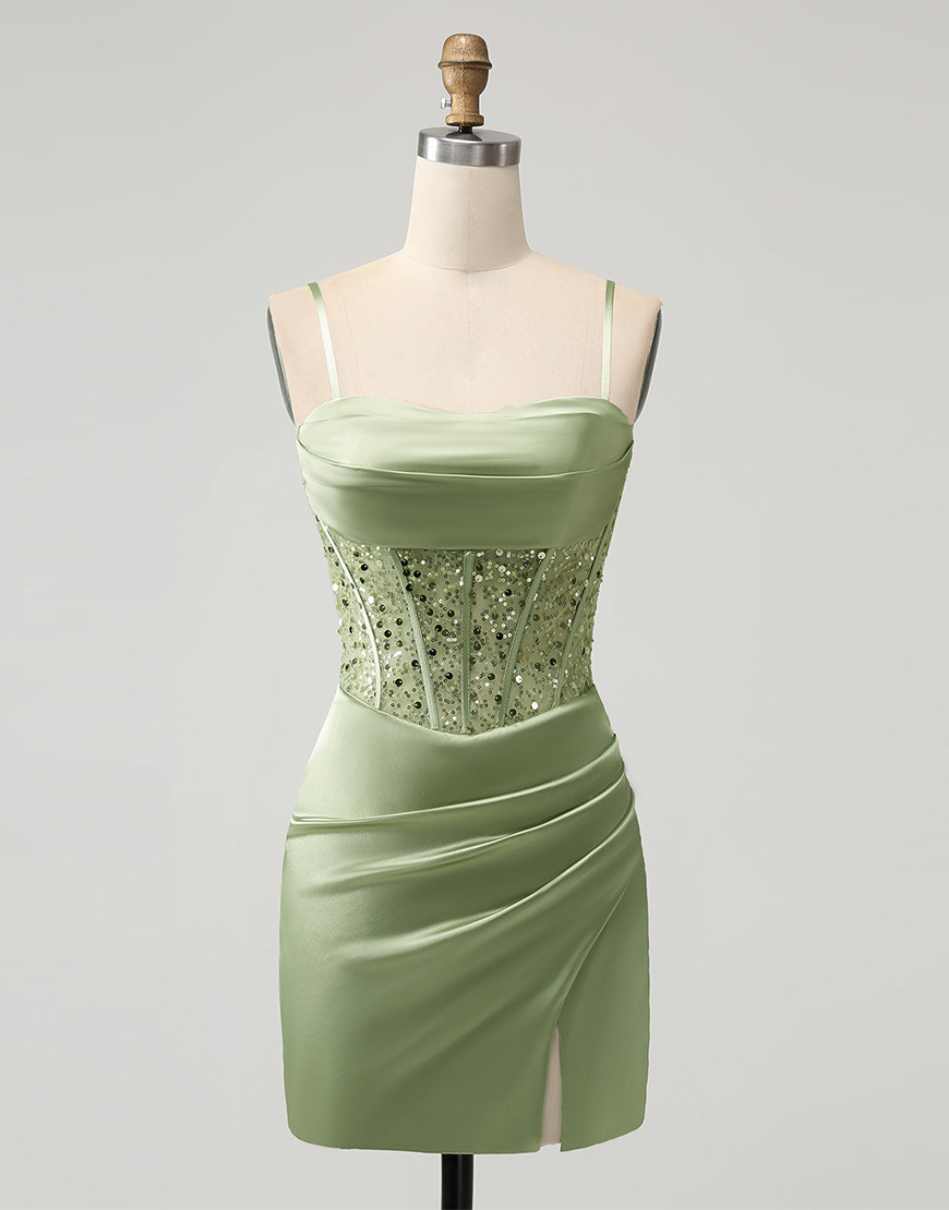 Sparkly Sage Tight Sequined Corset Satin Homecoming Dress
