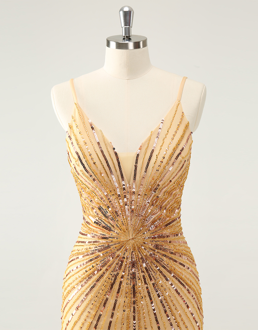 Glitter Golden Sequined Tight V-Neck Homecoming Dress 