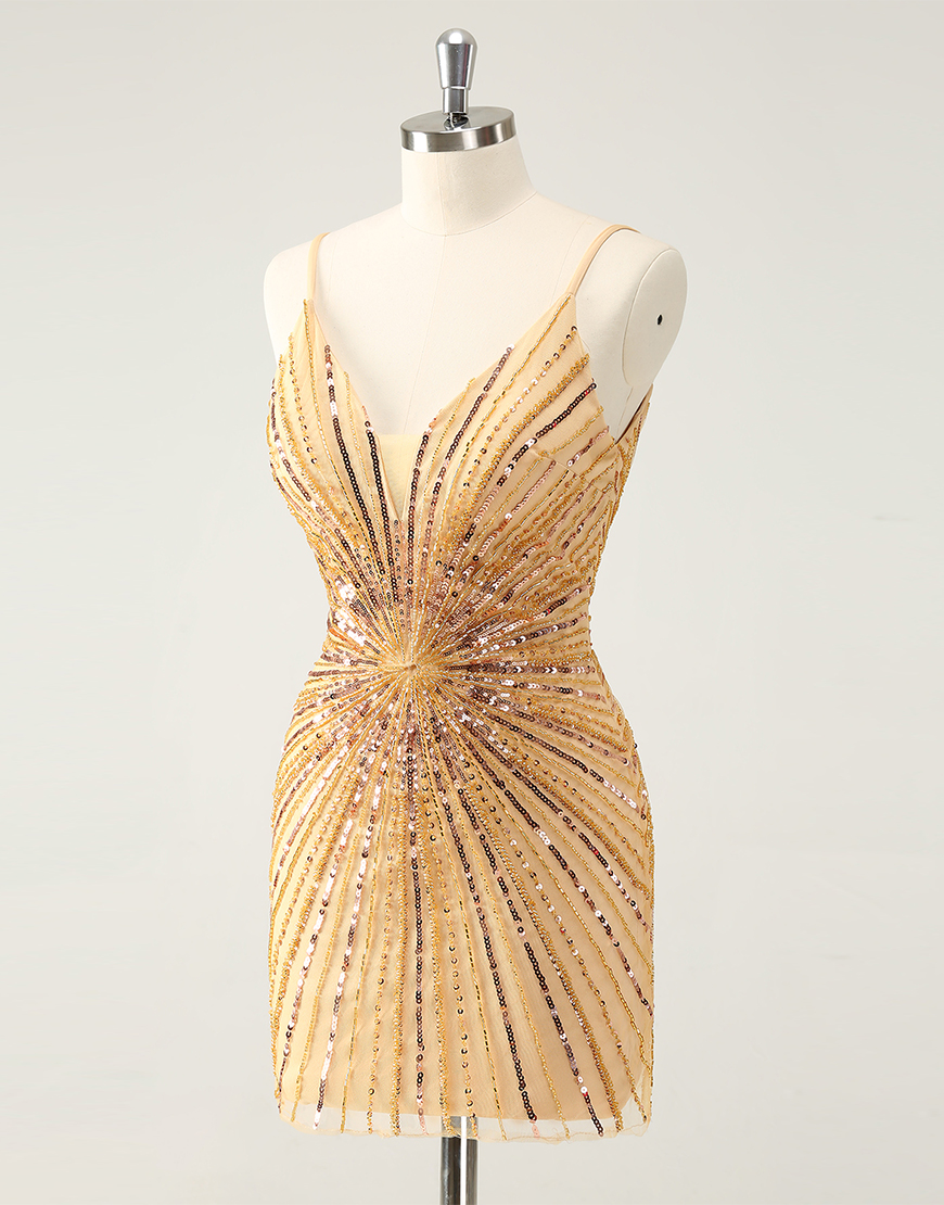 Glitter Golden Sequined Tight V-Neck Homecoming Dress 