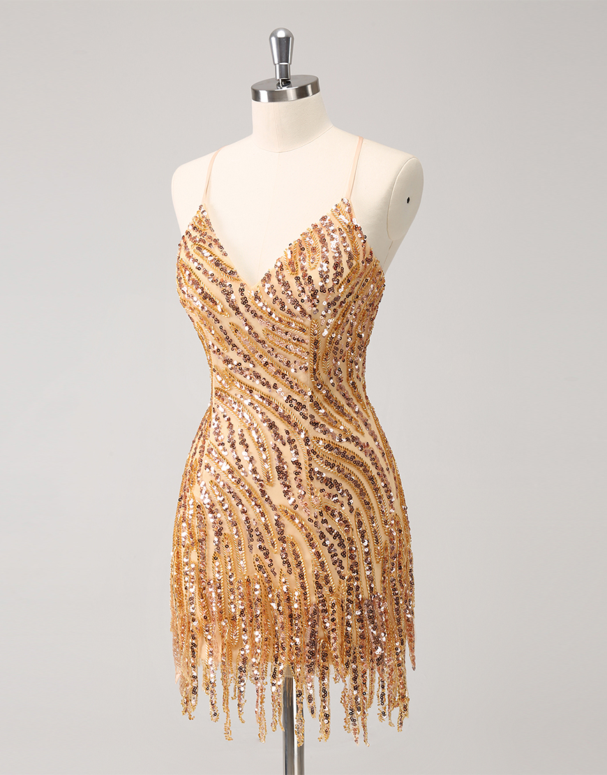 Glitter Hot Pink V Neck Sequined Tight Homecoming Dress with Tassels