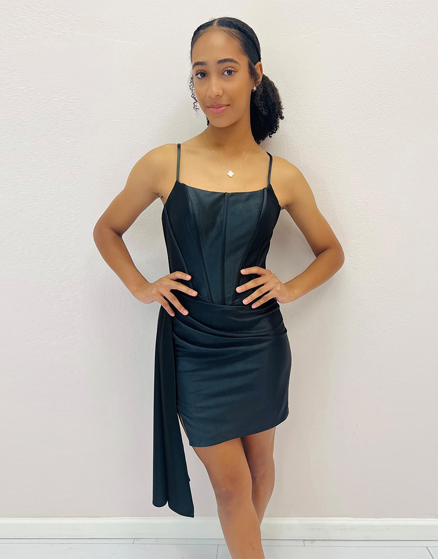 Black Tight Corset Satin Pleated Homecoming Dress 