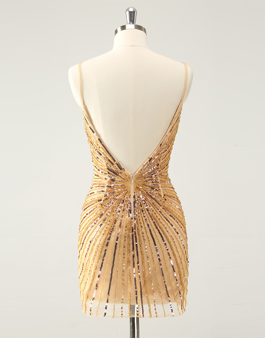 Glitter Golden Sequined Tight V-Neck Homecoming Dress 