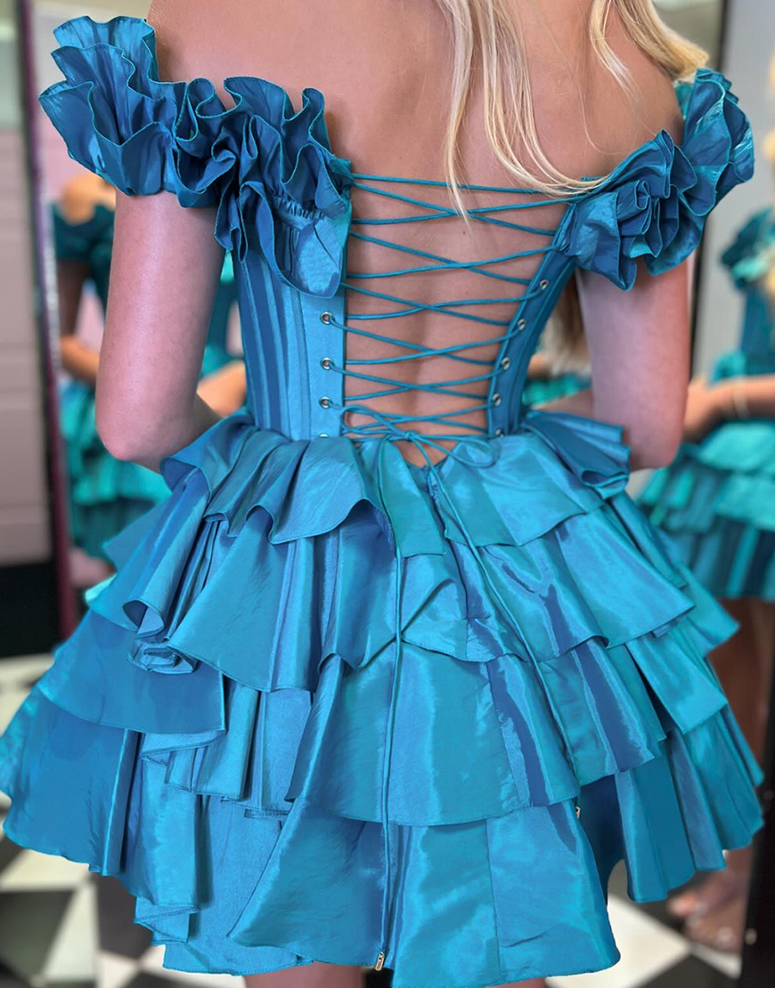 Blue A-Line Ruffled Off-the-Shoulder Tiered Homecoming Dress 