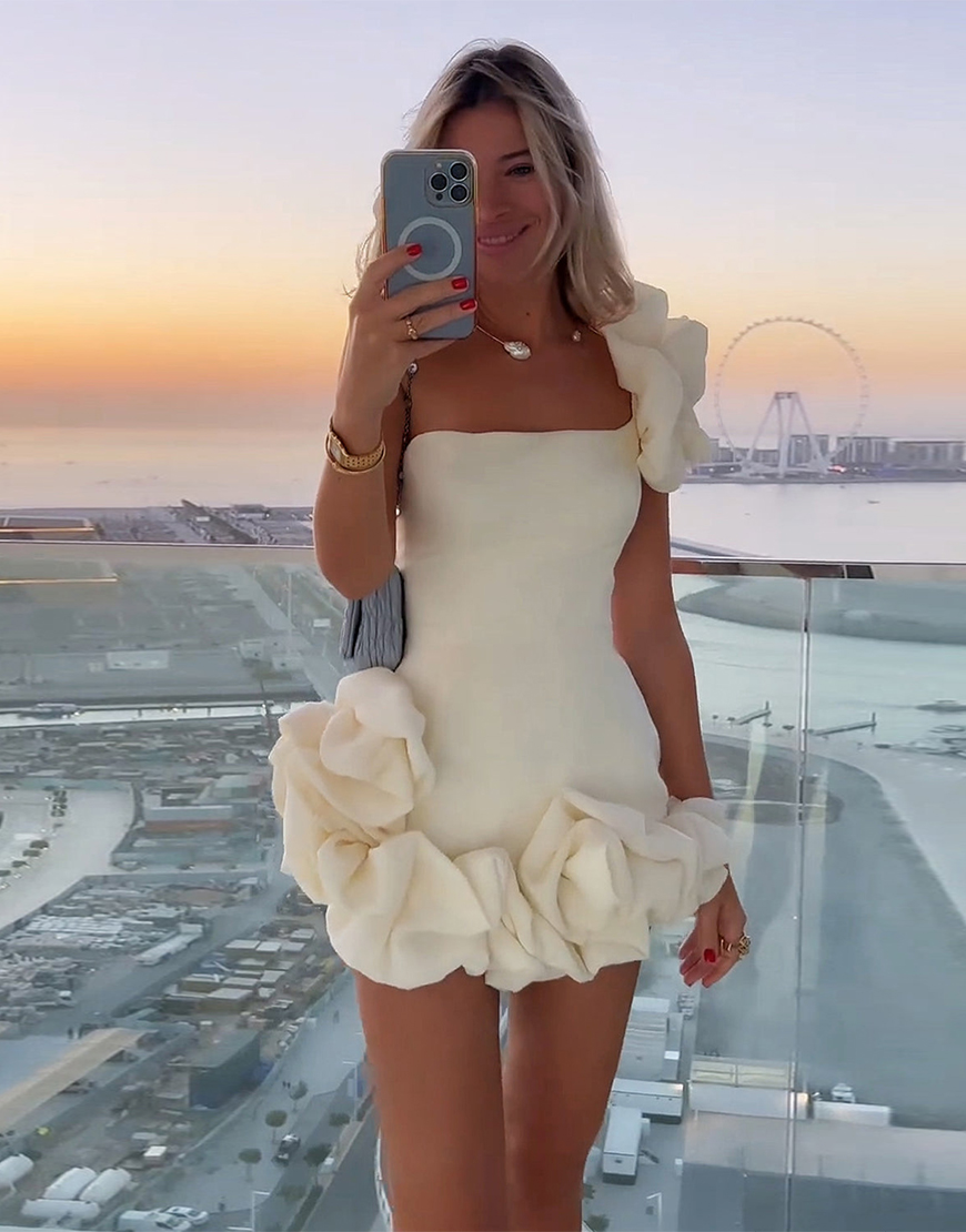  Black Tight Satin Ruffled One Shoulder Homecoming Dress 