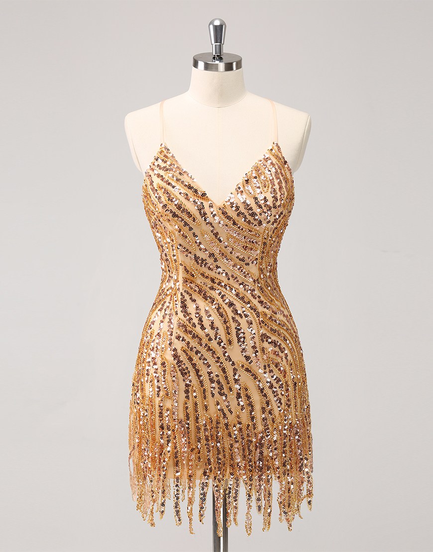 Glitter Hot Pink V Neck Sequined Tight Homecoming Dress with Tassels