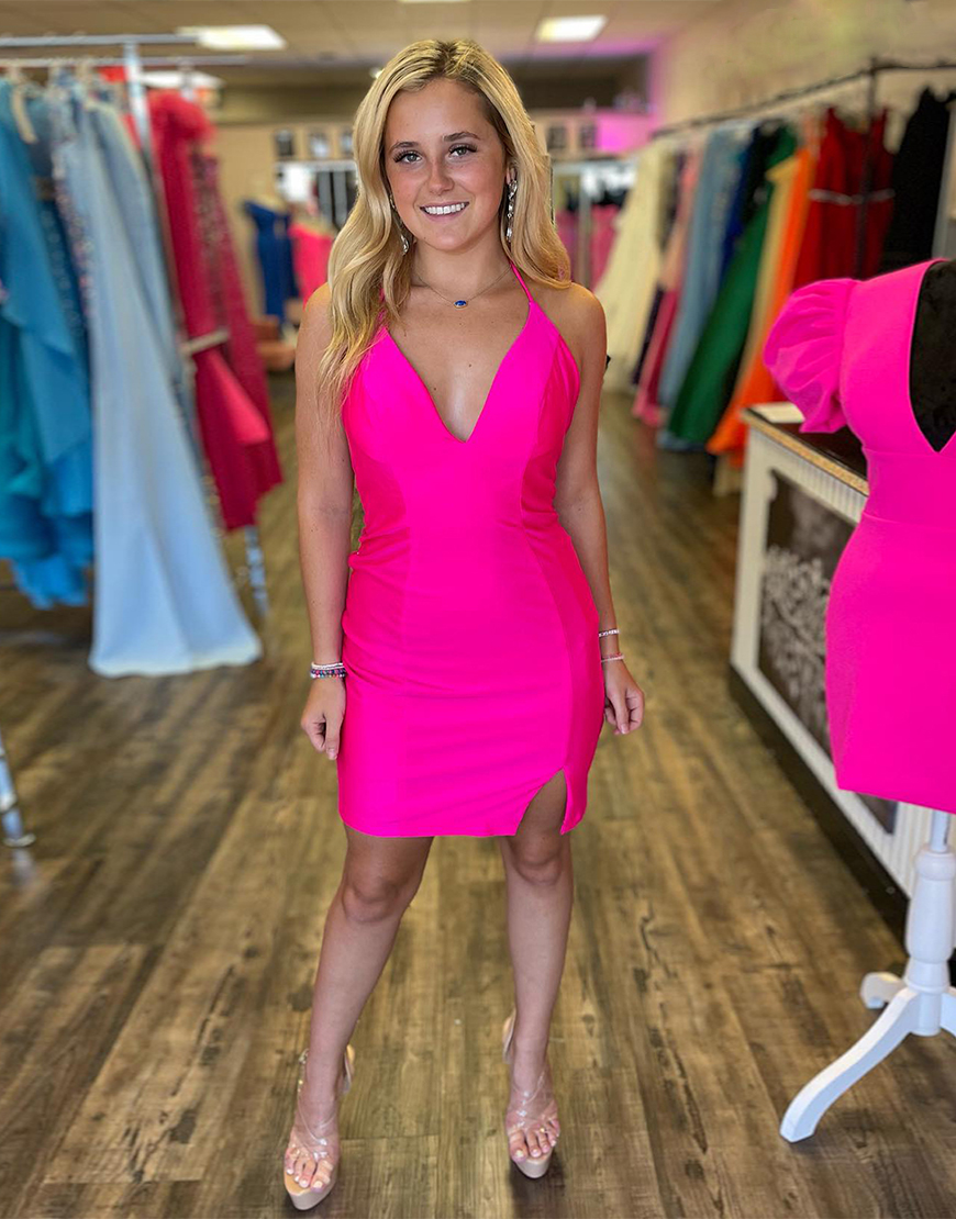 Glitter Fuchsia Tight Halter Beaded Satin Homecoming Dress