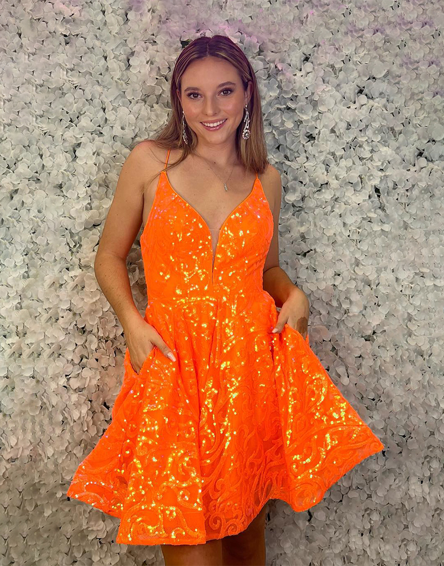 Sparkly Orange A-Line Sequined Embroidery Homecoming Dress