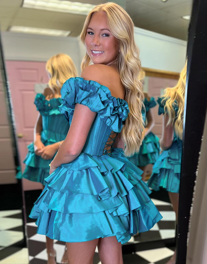Blue A-Line Ruffled Off-the-Shoulder Tiered Homecoming Dress 