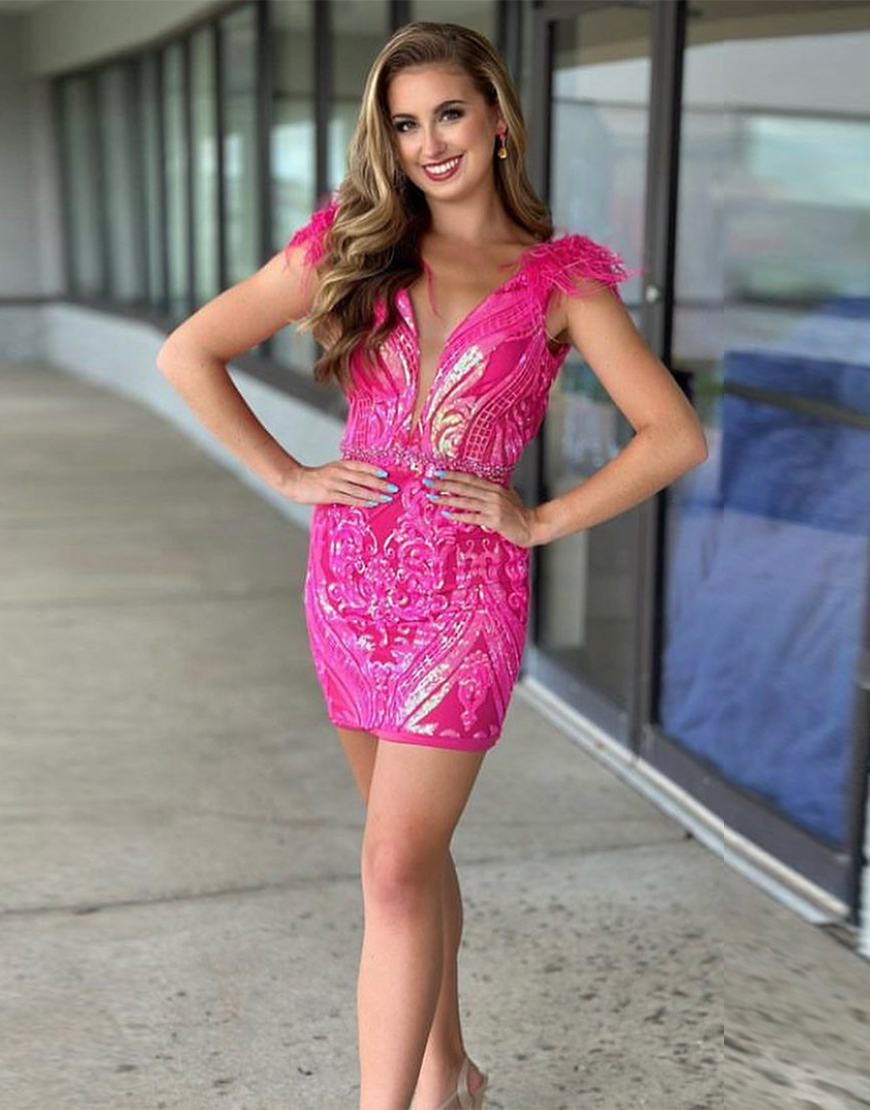 Glitter Fuchsia V Neck Feathered Sequined Embroidery Homecoming Dress