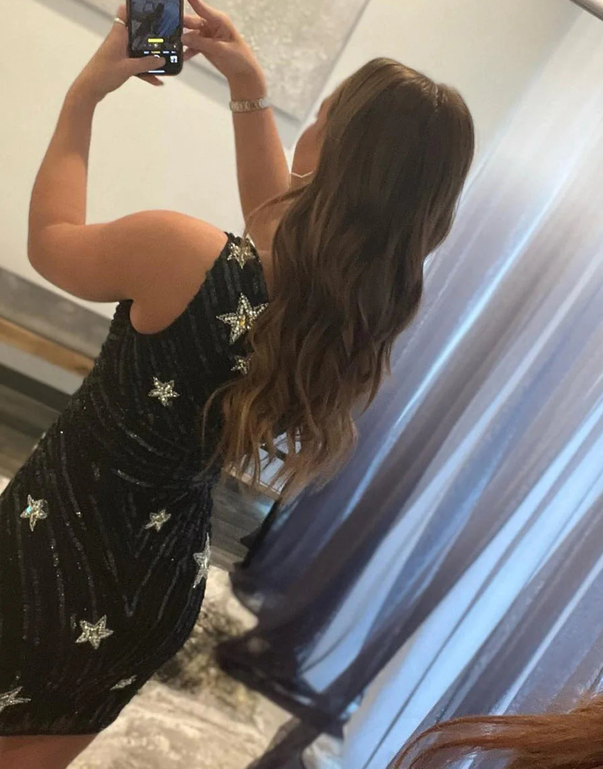 Sparkly Black One Shoulder Sequin Homecoming Dress With Stars