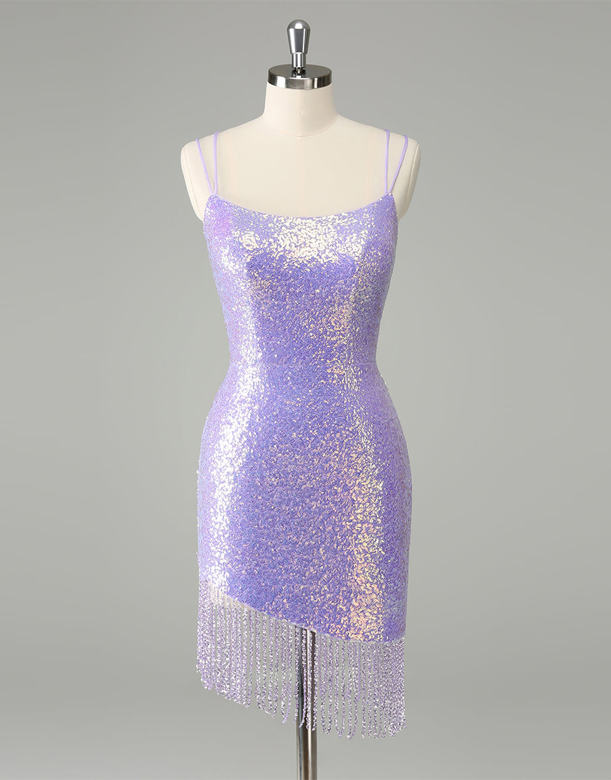 Glitter Lilac Sequins Tight Spaghetti Straps Homecoming Dress with Fringes