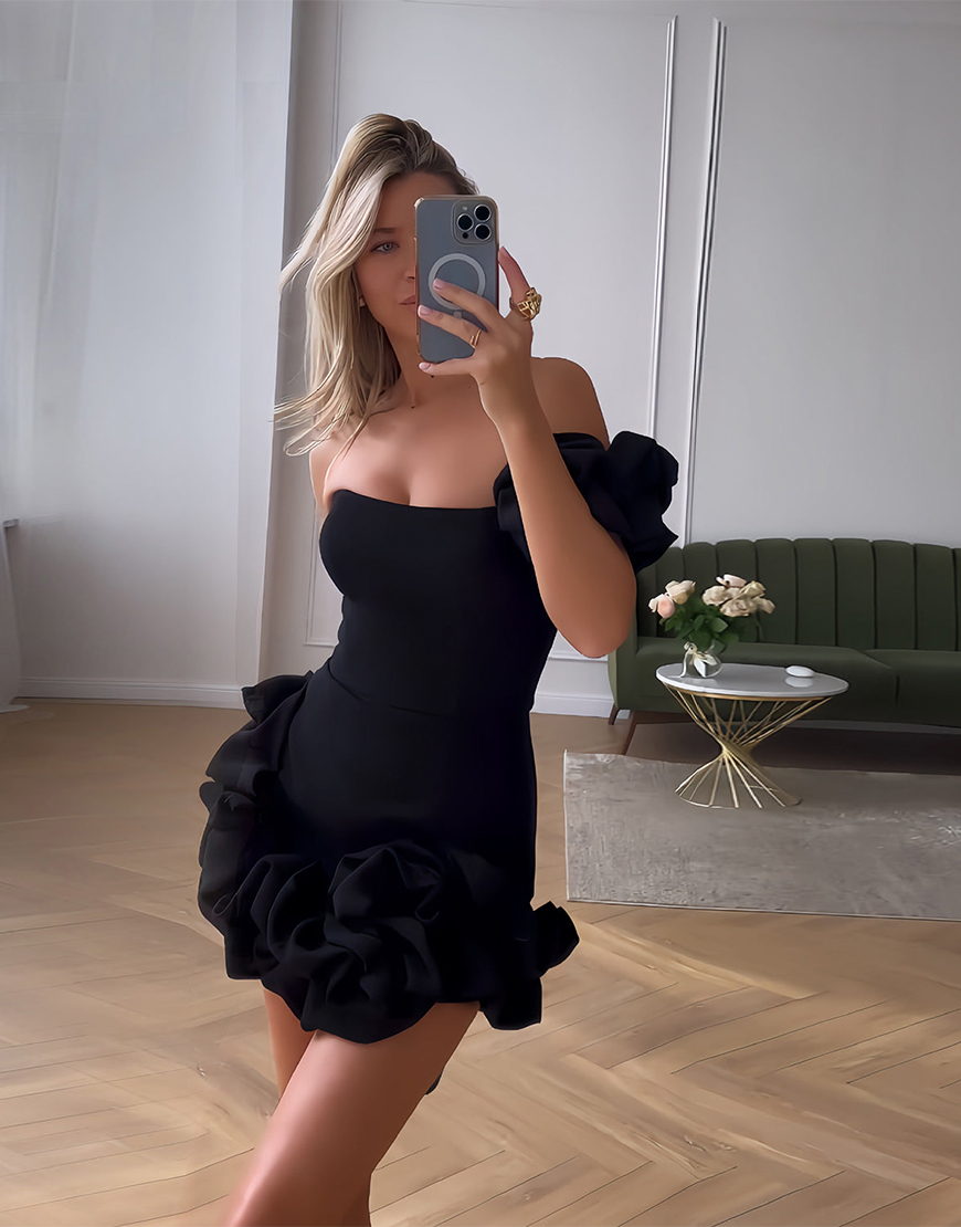  Black Tight Satin Ruffled One Shoulder Homecoming Dress 