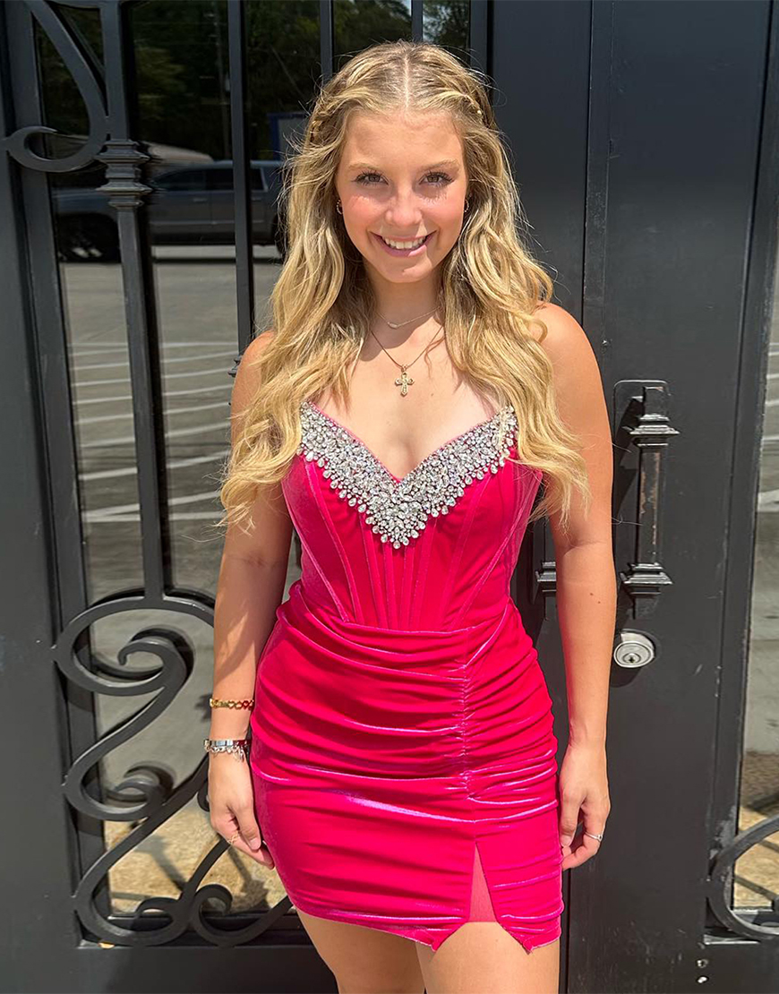Glitter Hot Pink Strapless Beaded Lace-Up Homecoming Dress 
