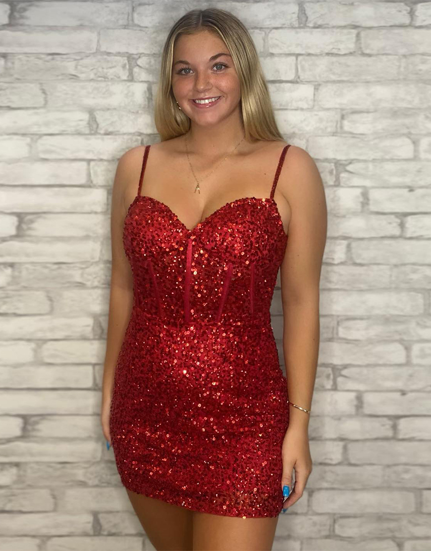 Sparkly Dark Red Tight Sequins Corset Homecoming Dress 
