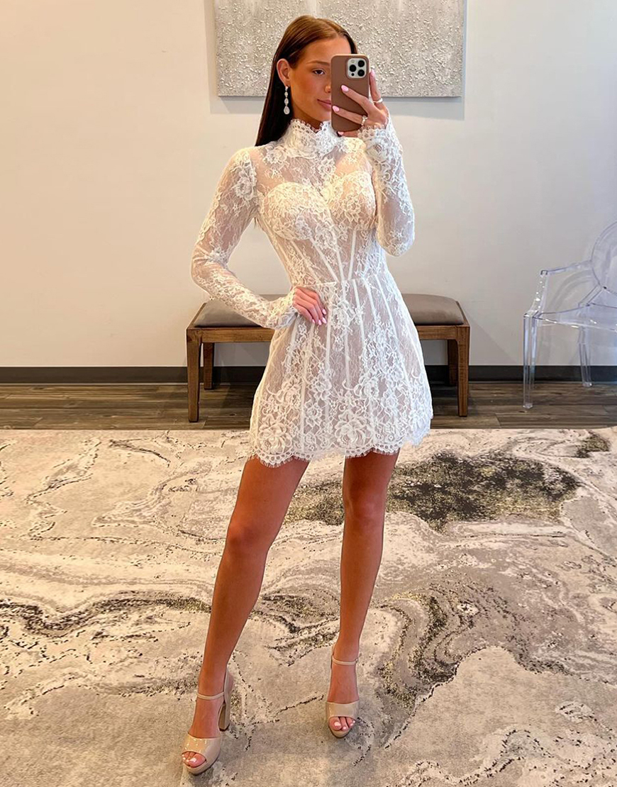 White A-Line Lace Hight Neck Long Sleeves Homecoming Dress