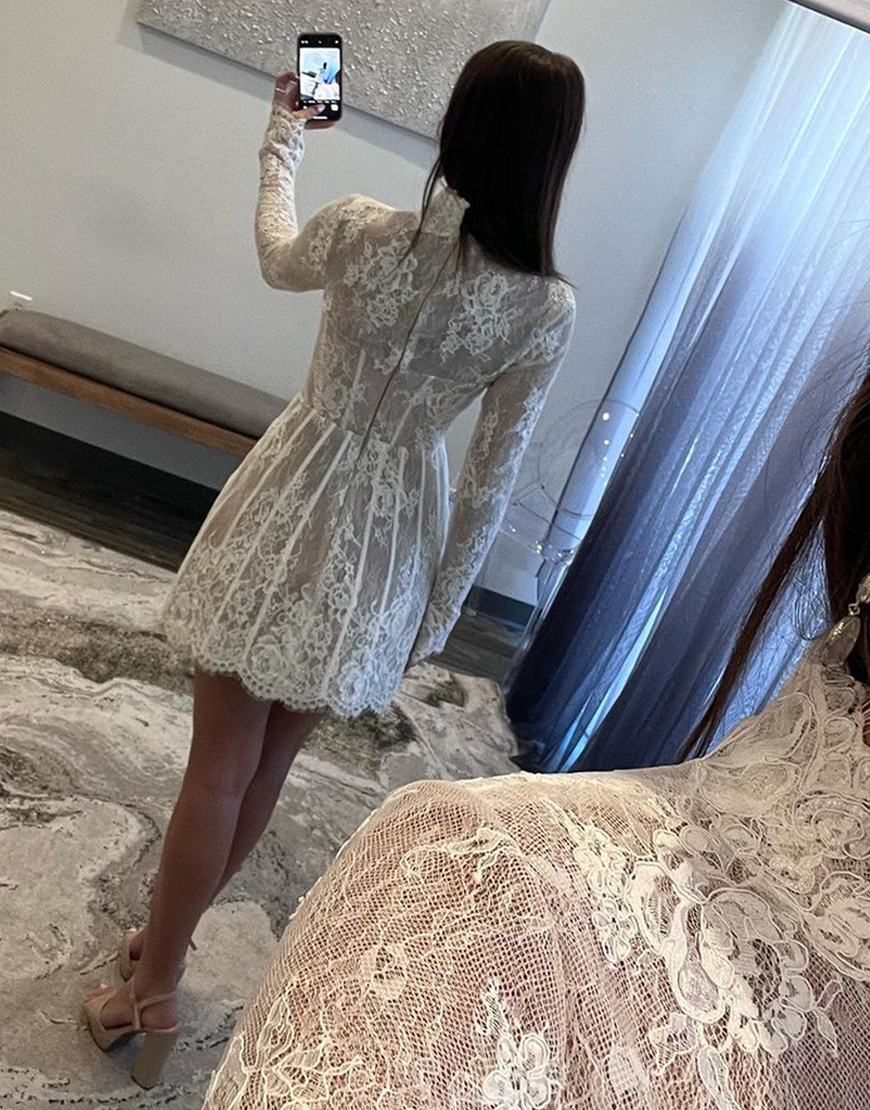 White A-Line Lace Hight Neck Long Sleeves Homecoming Dress