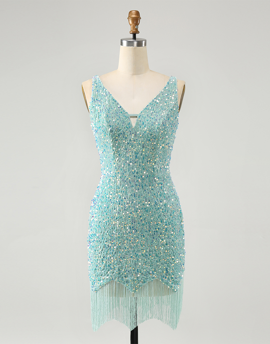 Glitter Sage Sequins Tight Homecoming Dress with Tassels