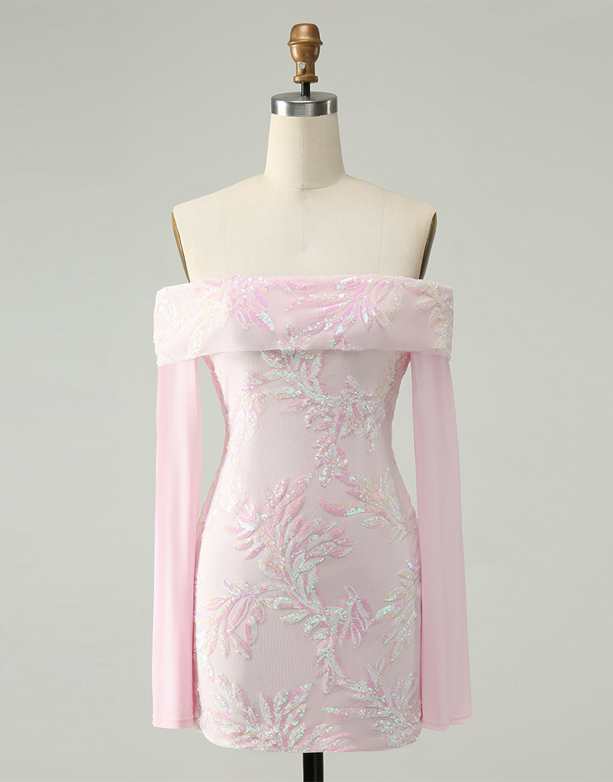 Glitter Pink Tight Sequined Embroidery Off-the-Shoulder Homecoming Dress