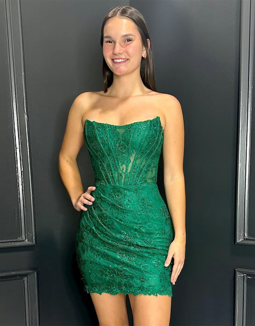 Glitter Dark Green Beaded Strapless Lace Corset Homecoming Dress 