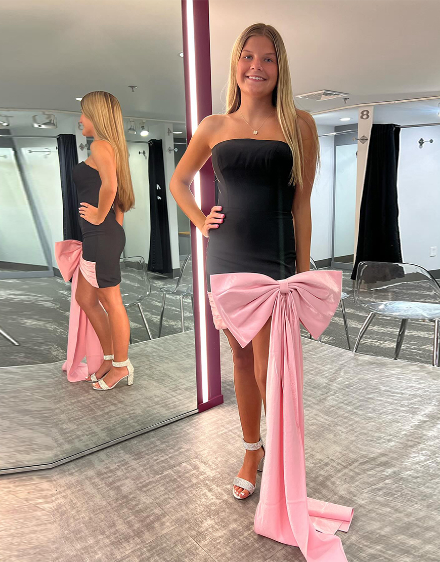 Black Tight Strapless Homecoming Dress with Pink Bowknot