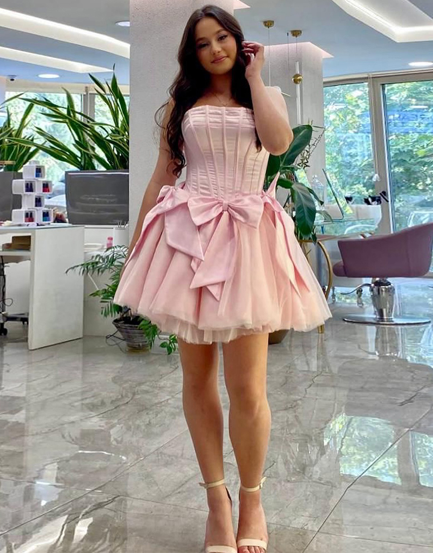 Pink Strapless A-Line Corset Homecoming Dress with Bowknots