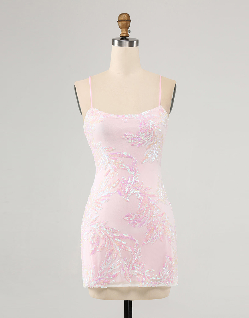 Glitter Pink Tight Sequined Embroidery Satin Homecoming Dress