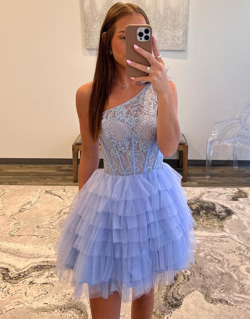 Lilac One Shoulder A-Line Tiered Tulle Homecoming Dress