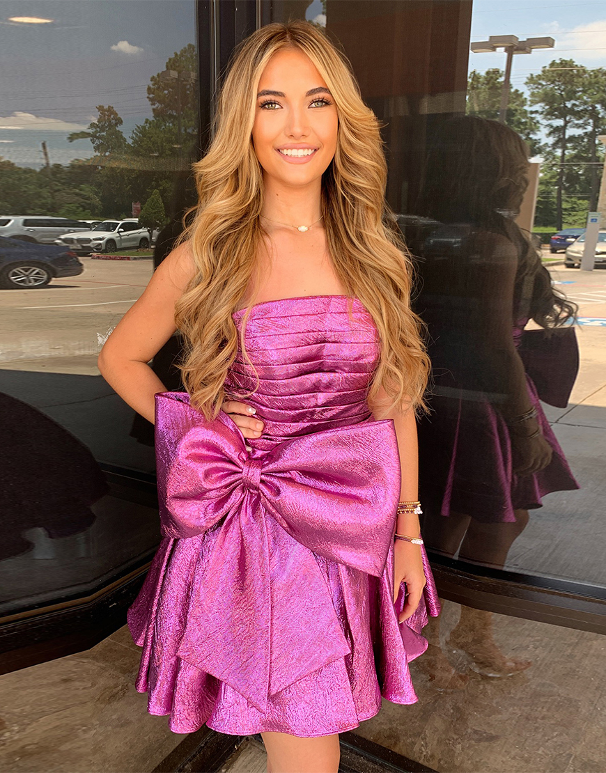 Metallic Purple Strapless A-Line Homecoming Dress with Bowknot