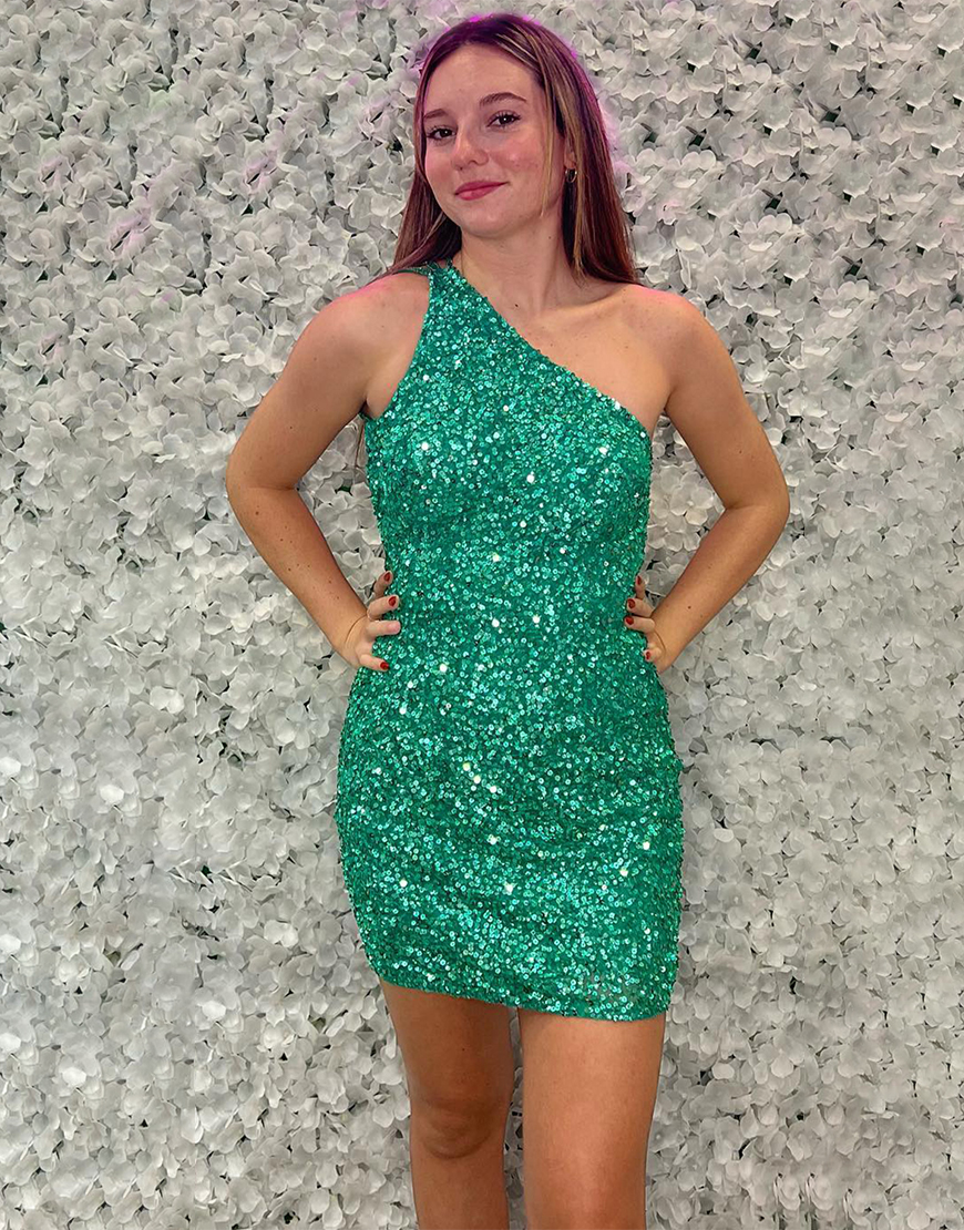 Sparkly Green Tight One Shoulder Sequins Homecoming Dress