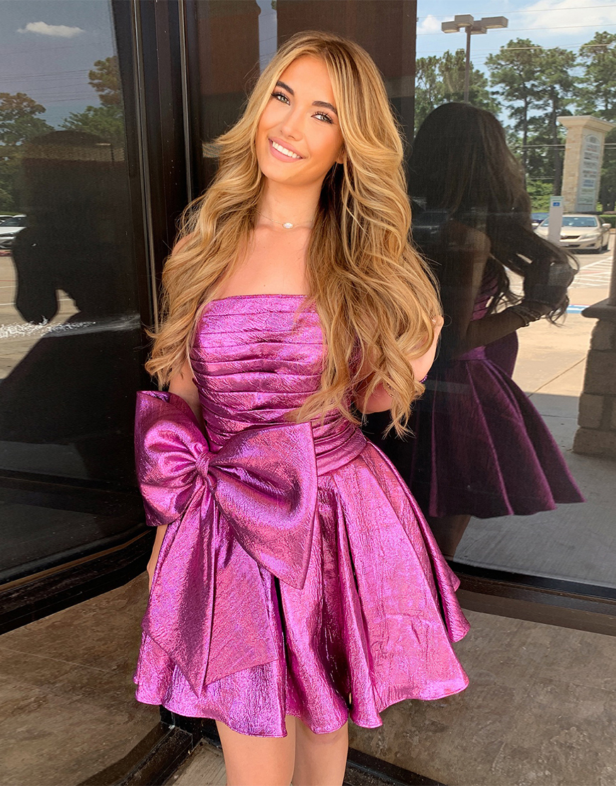 Metallic Purple Strapless A-Line Homecoming Dress with Bowknot