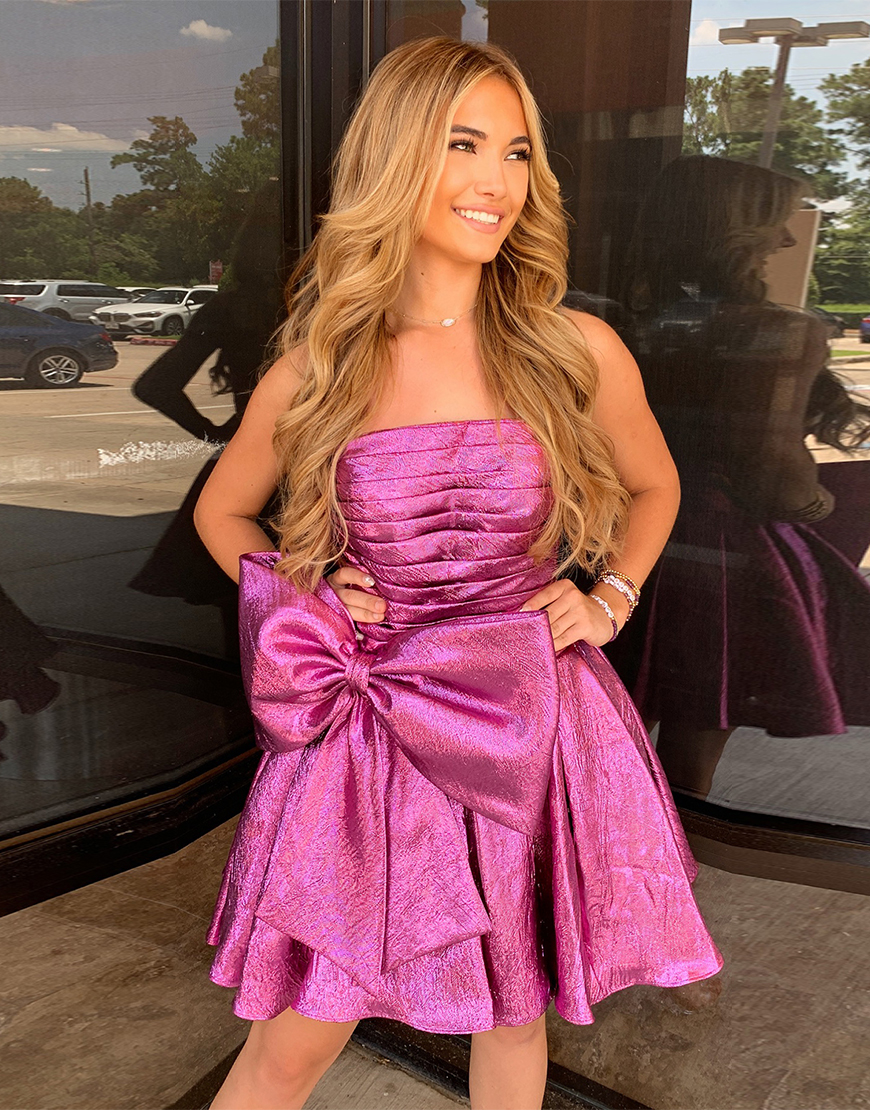 Metallic Purple Strapless A-Line Homecoming Dress with Bowknot