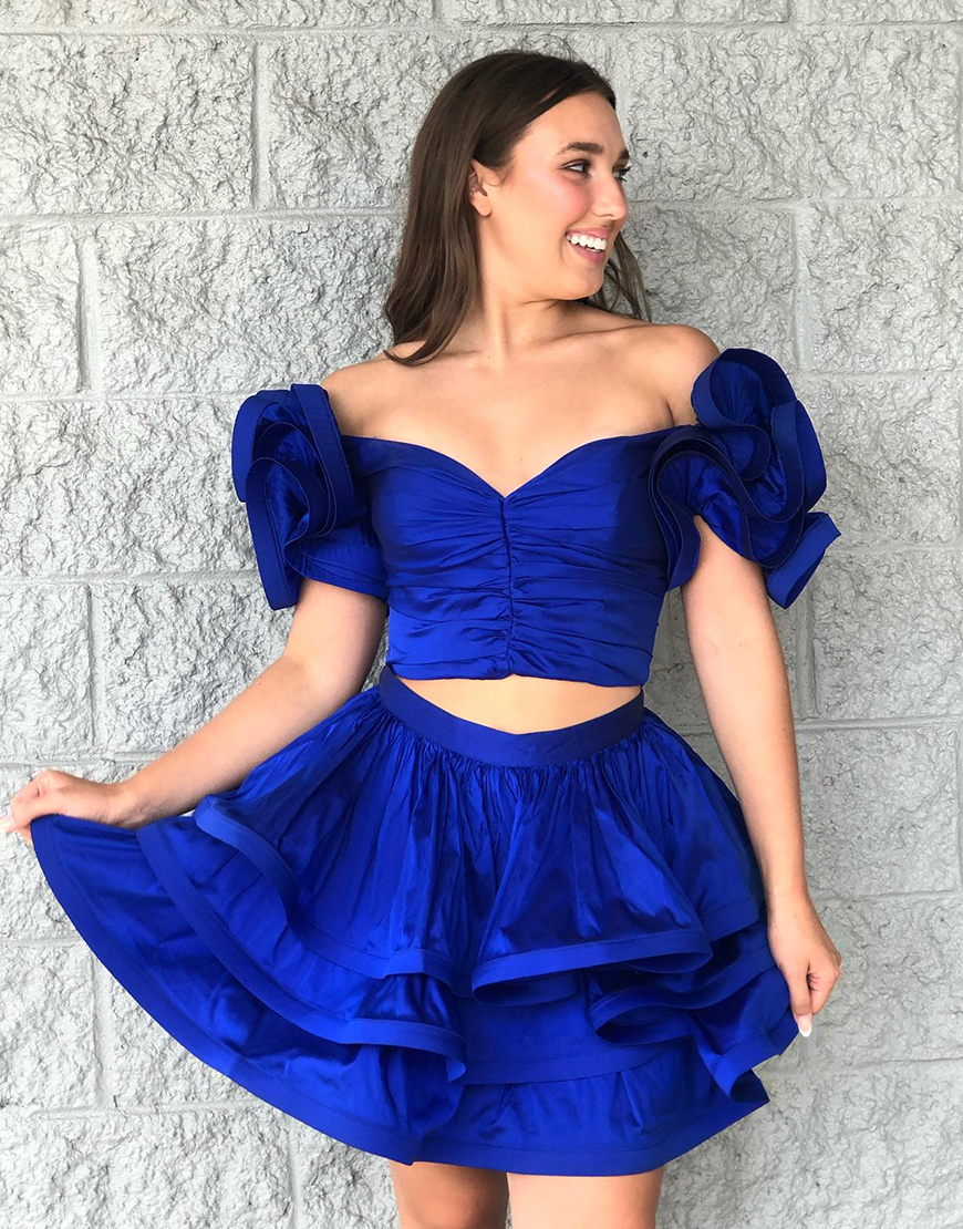 Royal Blue Two-Piece Ruffled Tiered Satin Homecoming Dress 