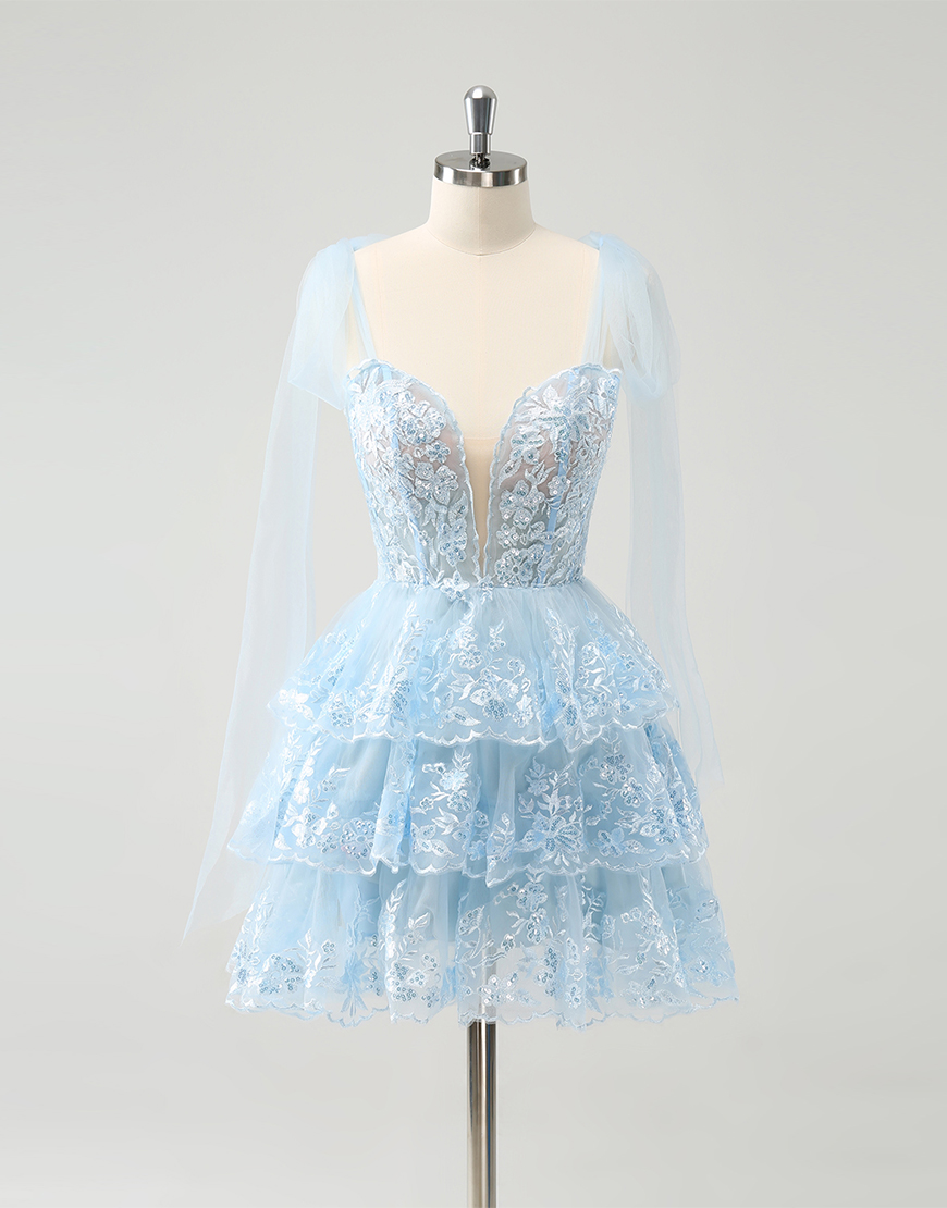 Glitter Blue A-Line Tiered Embroidery Tulle Homecoming Dress