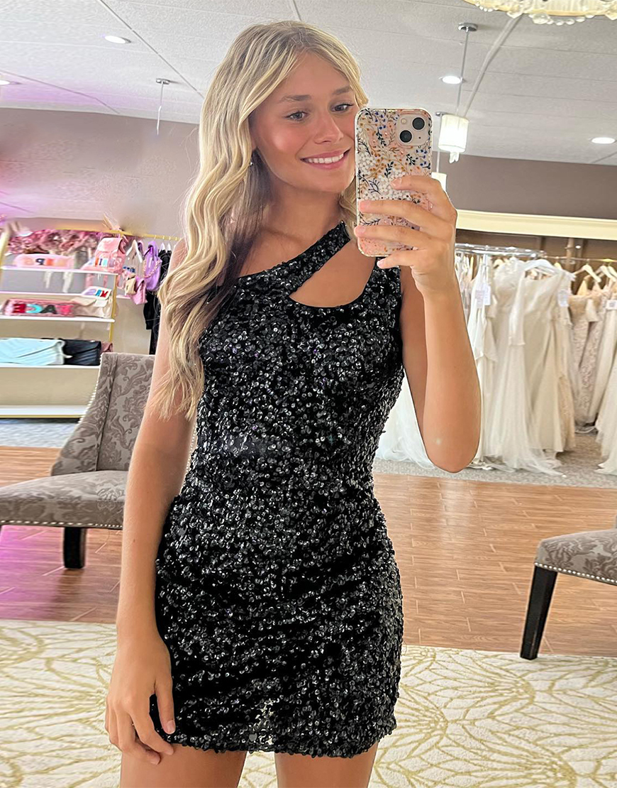 Sparkly Black Sequins Tight One Shoulder Homecoming Dress