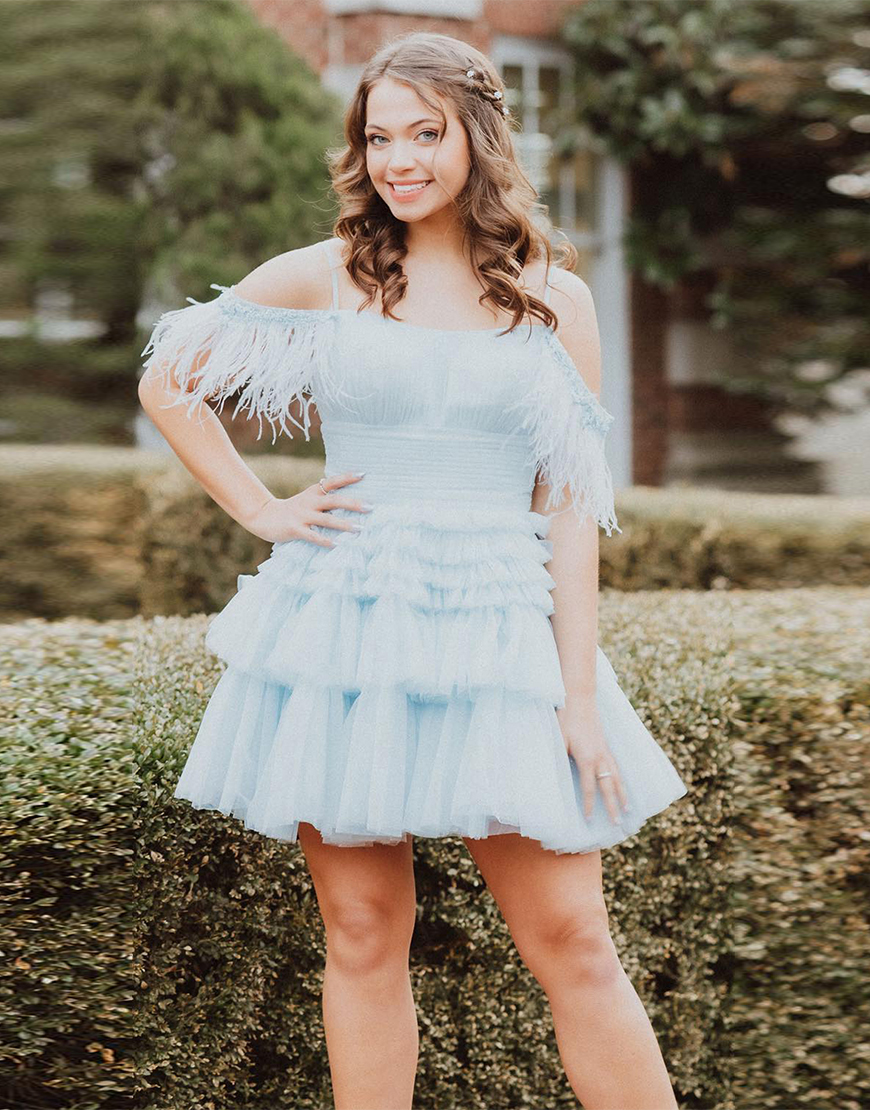 Blue Cold Shoulder A-Line Tiered Homecoming Dress with Feathers 