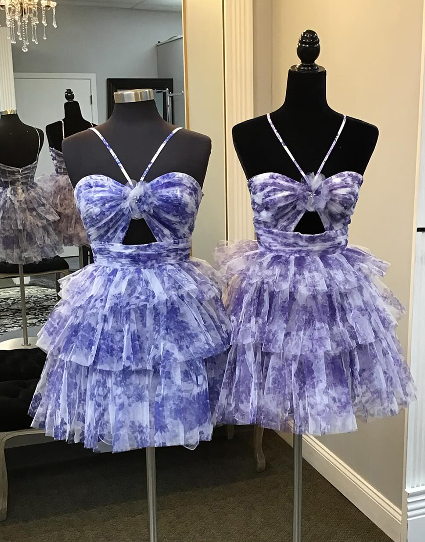 Blue A-Line Halter Tierd Prints Homecoming Dress with Flower